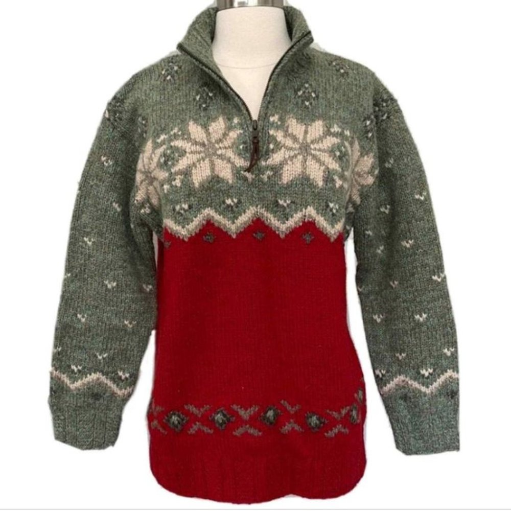 RALPH LAUREN Vintage HANDKNIT Wool Quarter Zip Nordic Snowflake Winter Sweater